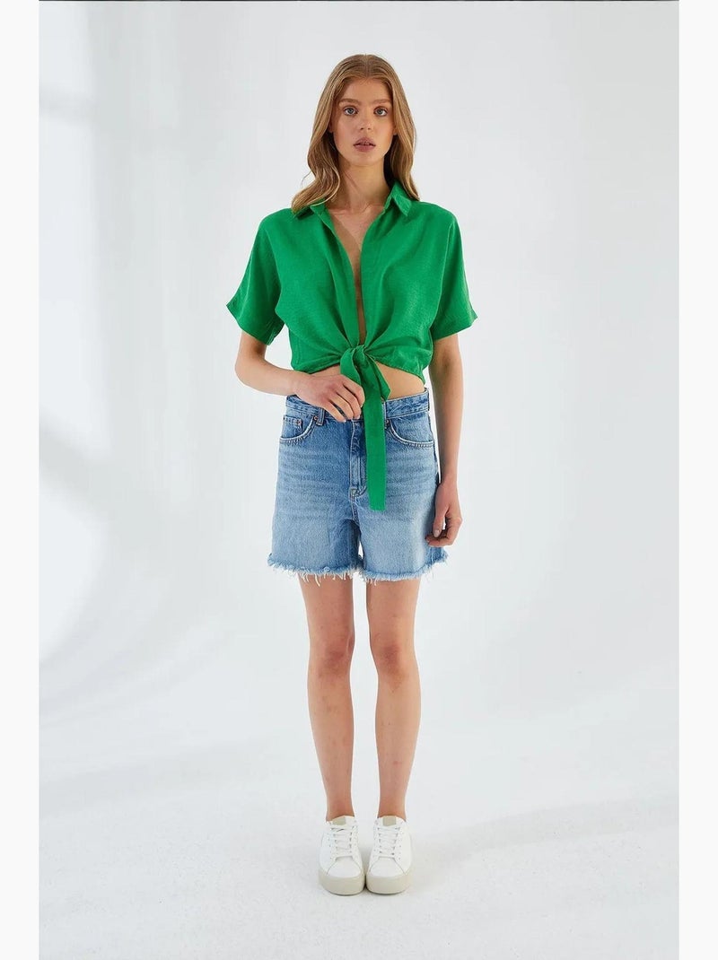 Camisa crop slim fit com decote em v e fecho de atar mixray Verde - Kiabi