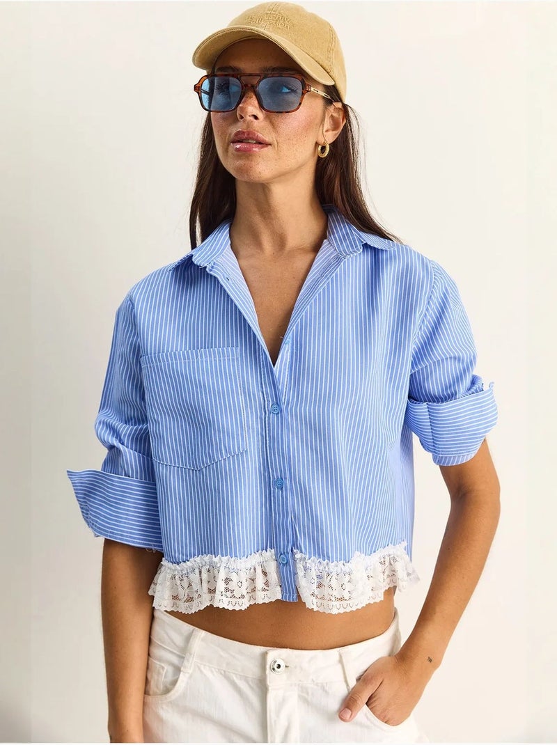 Camisa cropped às riscas com abotoamento à frente lucci Azul-céu - Kiabi