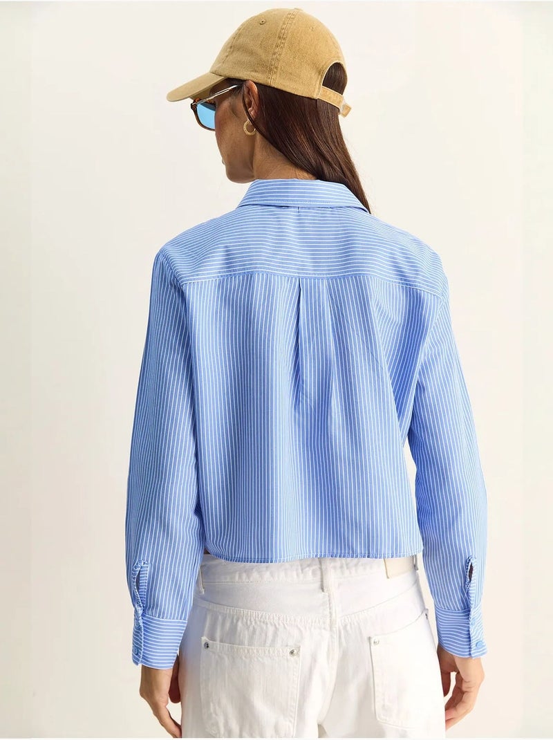 Camisa cropped às riscas com abotoamento à frente lucci Azul-céu - Kiabi