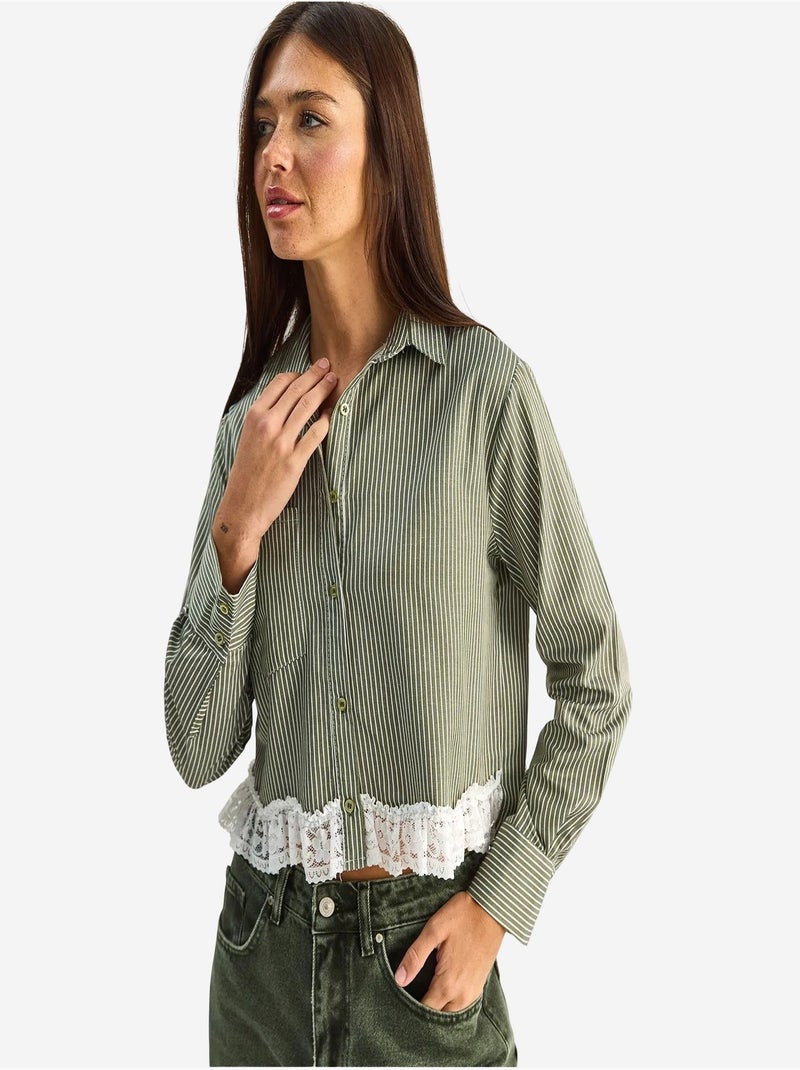 Camisa cropped às riscas com abotoamento à frente lucci Cáqui - Kiabi