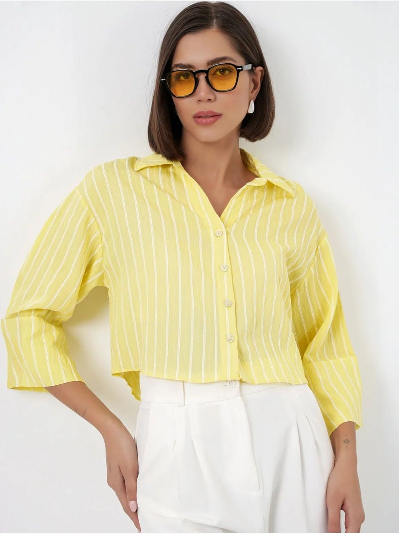 Camisa cropped às riscas oversized com fecho de botões bdart Amarelo-limão - Kiabi