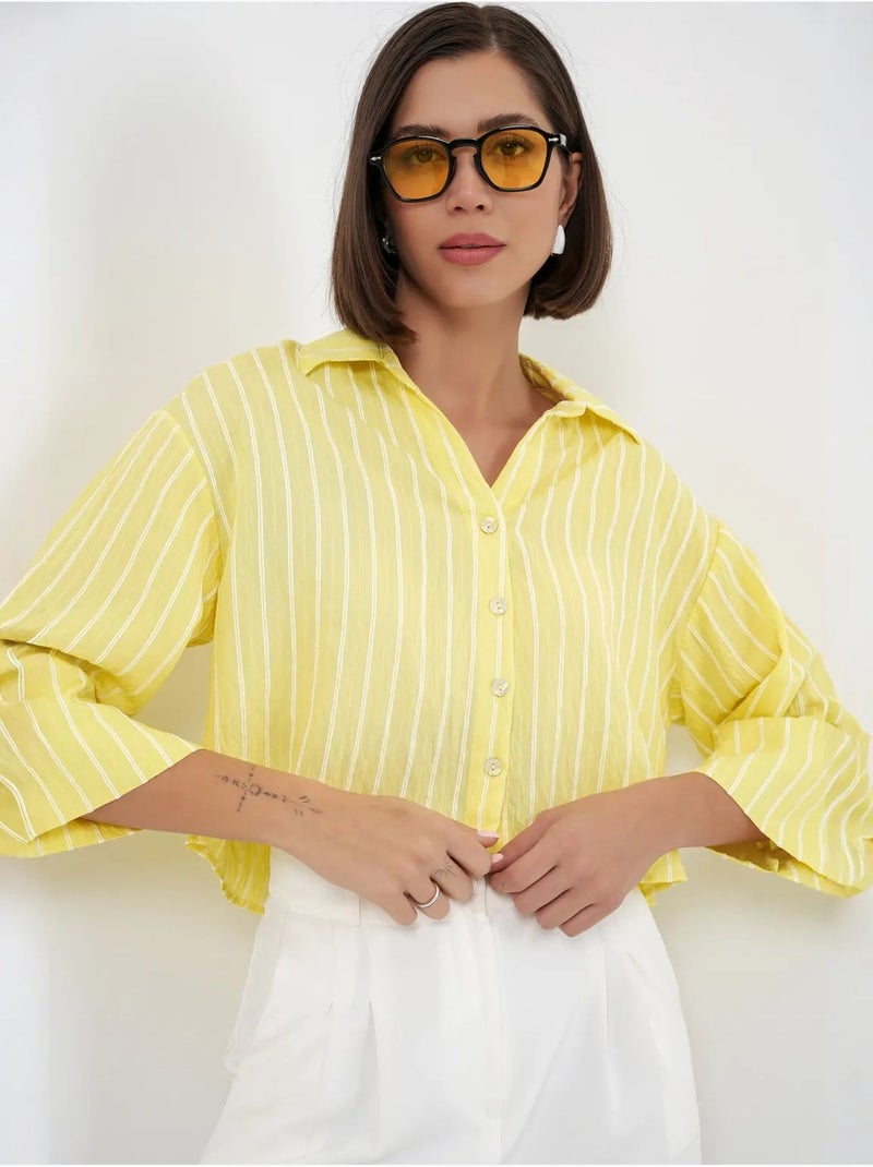 Camisa cropped às riscas oversized com fecho de botões bdart Amarelo-limão - Kiabi