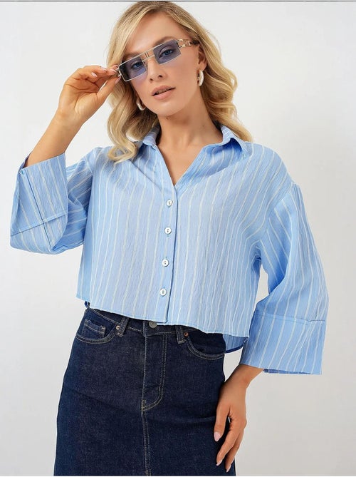 Camisa cropped às riscas oversized com fecho de botões bdart - Kiabi