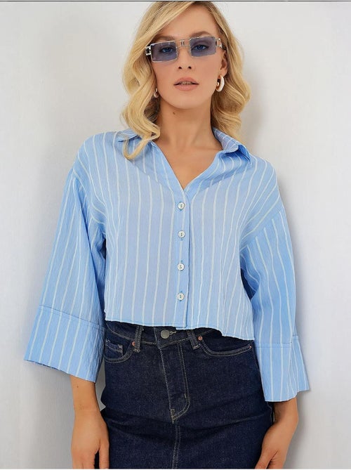 Camisa cropped às riscas oversized com fecho de botões bdart - Kiabi