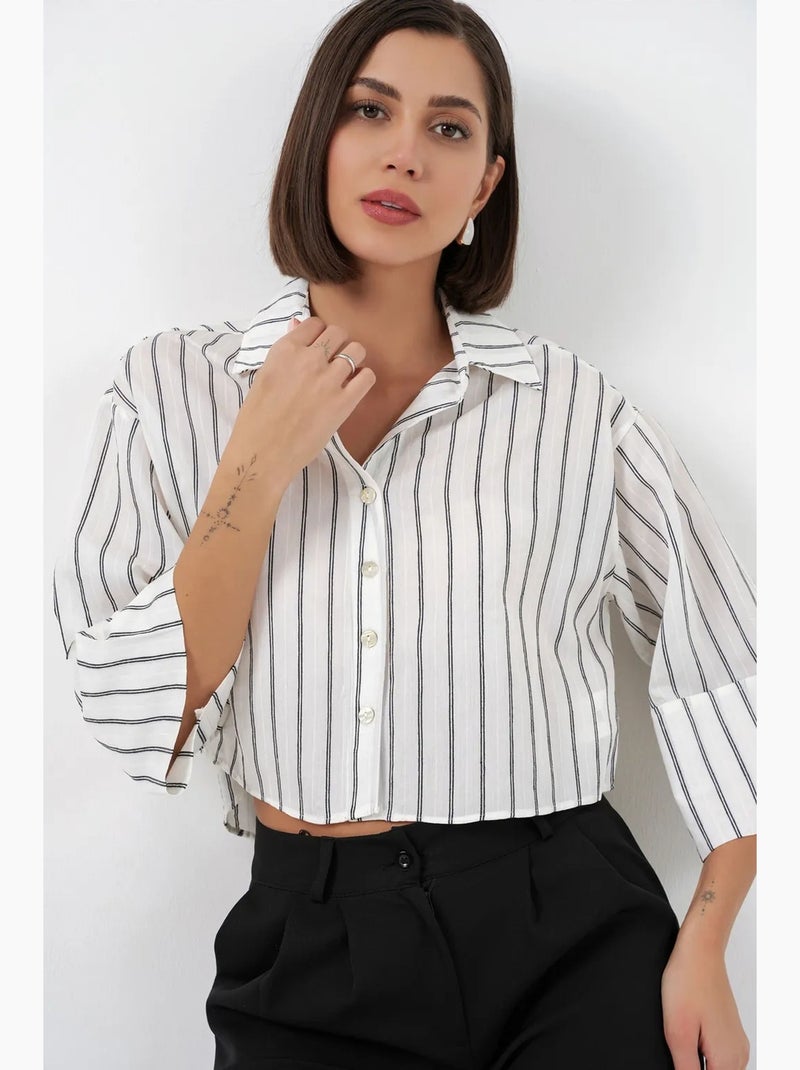 Camisa cropped às riscas oversized com fecho de botões bdart Branco sujo - Kiabi