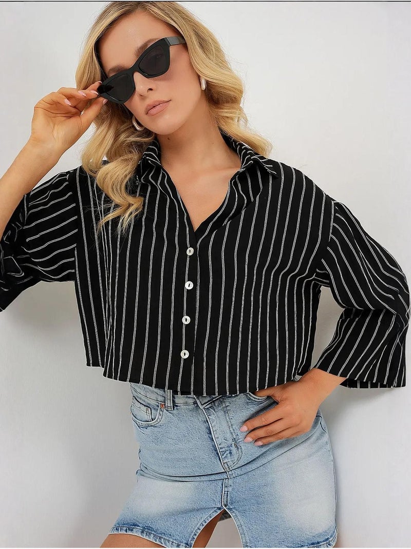 Camisa cropped às riscas oversized com fecho de botões bdart Preto - Kiabi