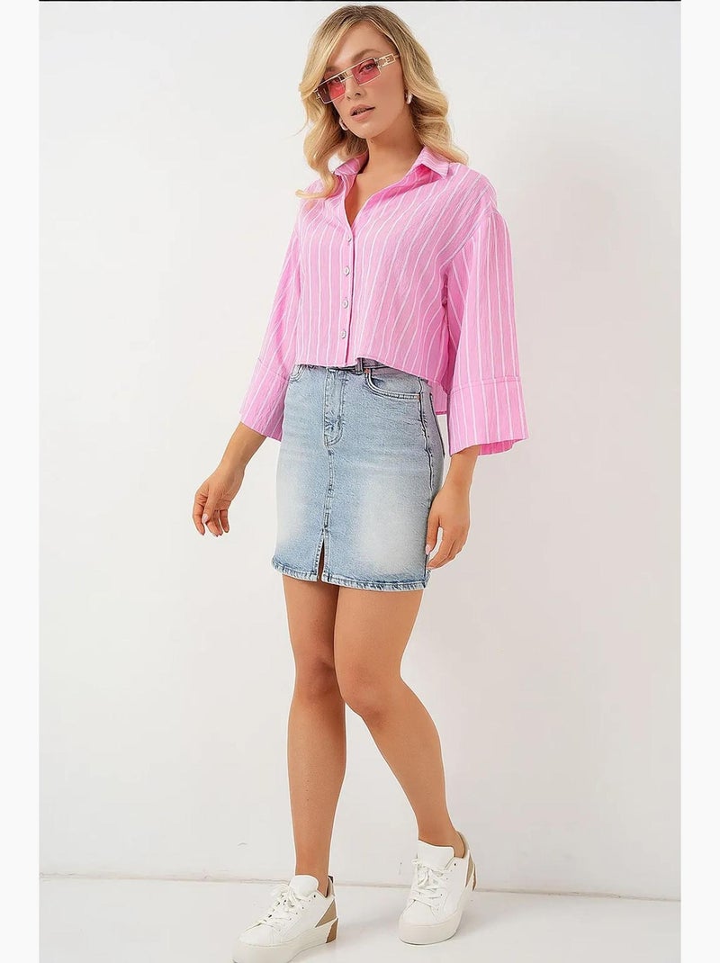Camisa cropped às riscas oversized com fecho de botões bdart Rosa-claro - Kiabi