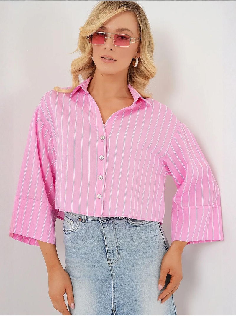 Camisa cropped às riscas oversized com fecho de botões bdart Rosa-claro - Kiabi