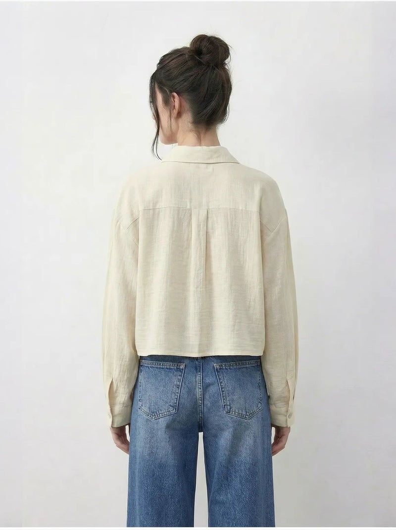 Camisa cropped bordada com fecho de botões lucci Creme - Kiabi