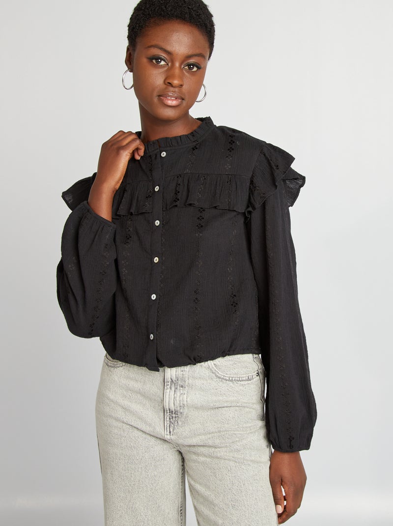 Camisa cropped com folhos Preto - Kiabi