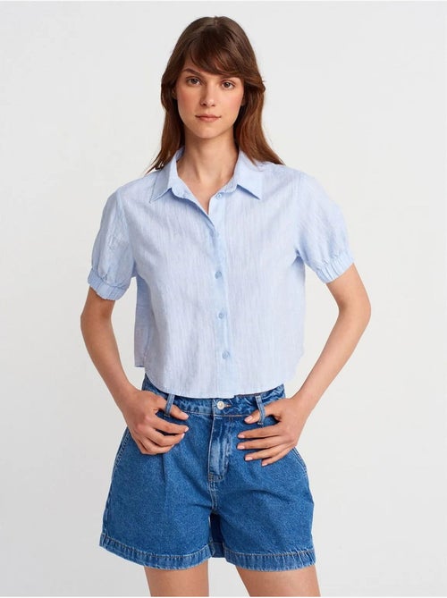 Camisa cropped de mulher em mistura de linho dilvin - Kiabi Camisa cropped de mulher em mistura de linho dilvin - Kiabi