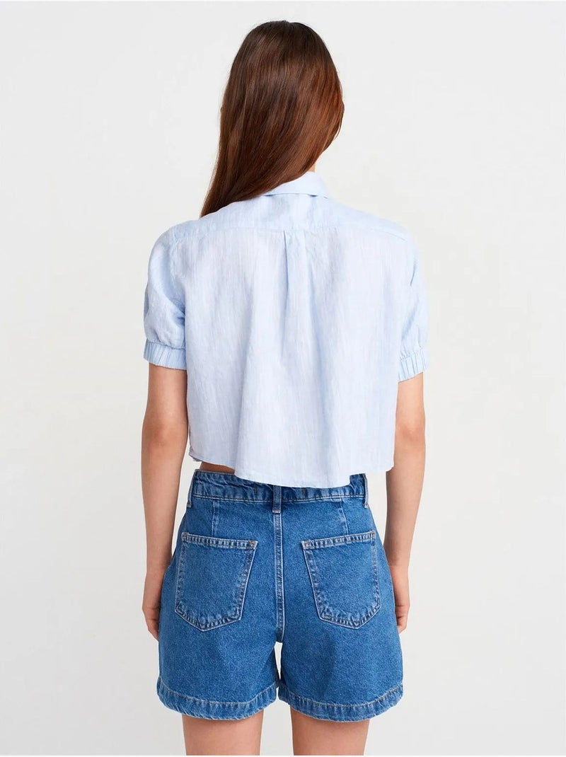 Camisa cropped de mulher em mistura de linho dilvin Azul-céu - Kiabi