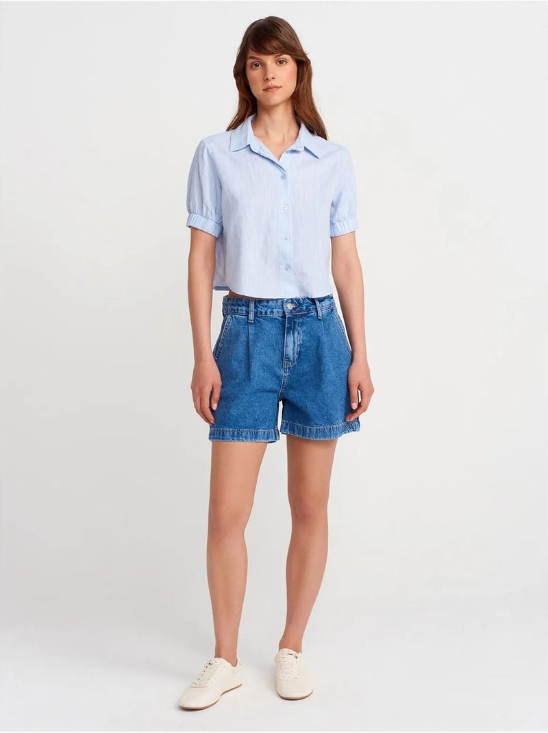 Camisa cropped de mulher em mistura de linho dilvin Azul-céu - Kiabi