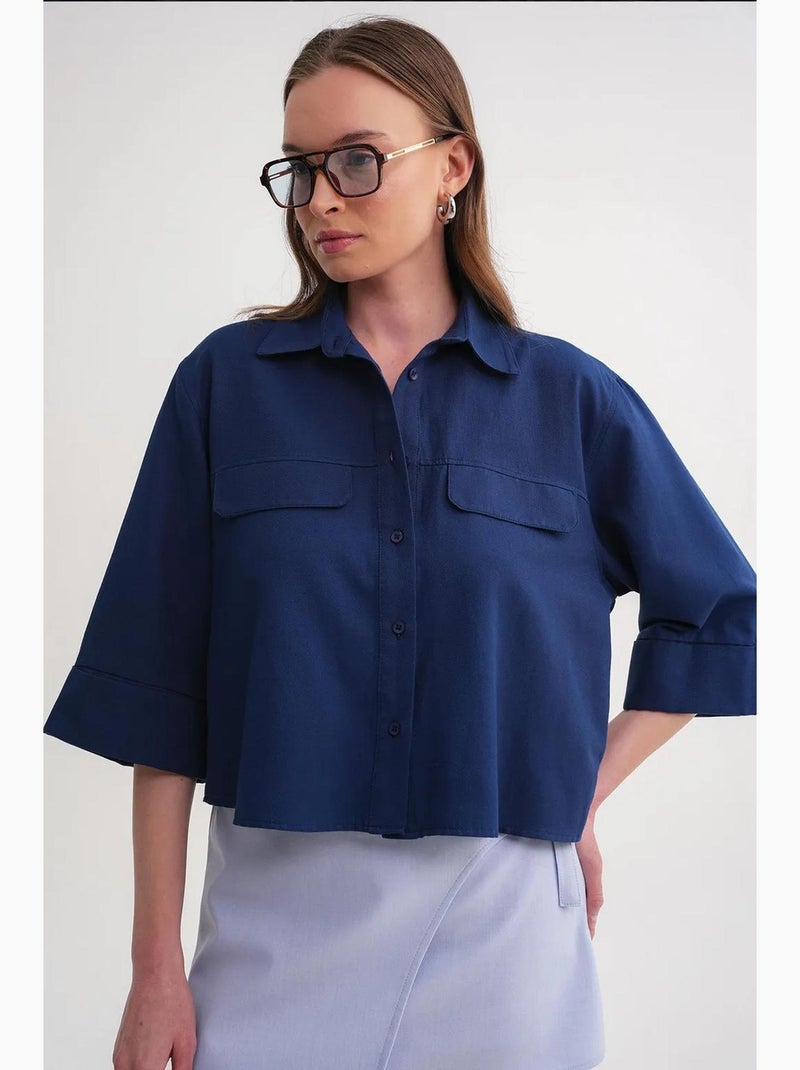 Camisa cropped de popelina de manga curta mixray Azul-marinho - Kiabi