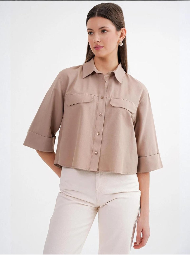 Camisa cropped de popelina de manga curta mixray Camelo - Kiabi