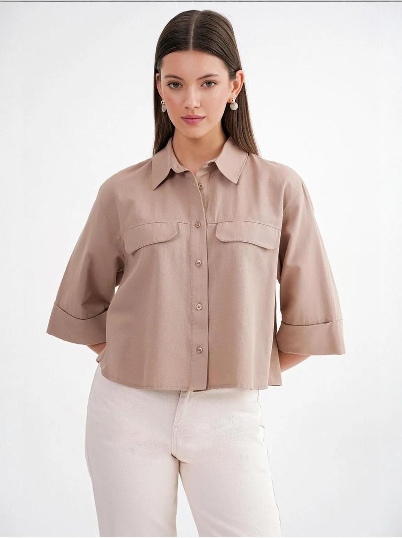 Camisa cropped de popelina de manga curta mixray Camelo - Kiabi