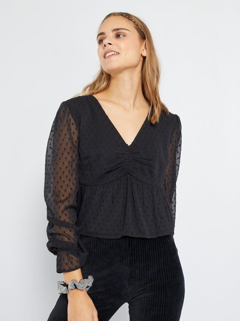 Camisa curta a ponto cheio Preto - Kiabi