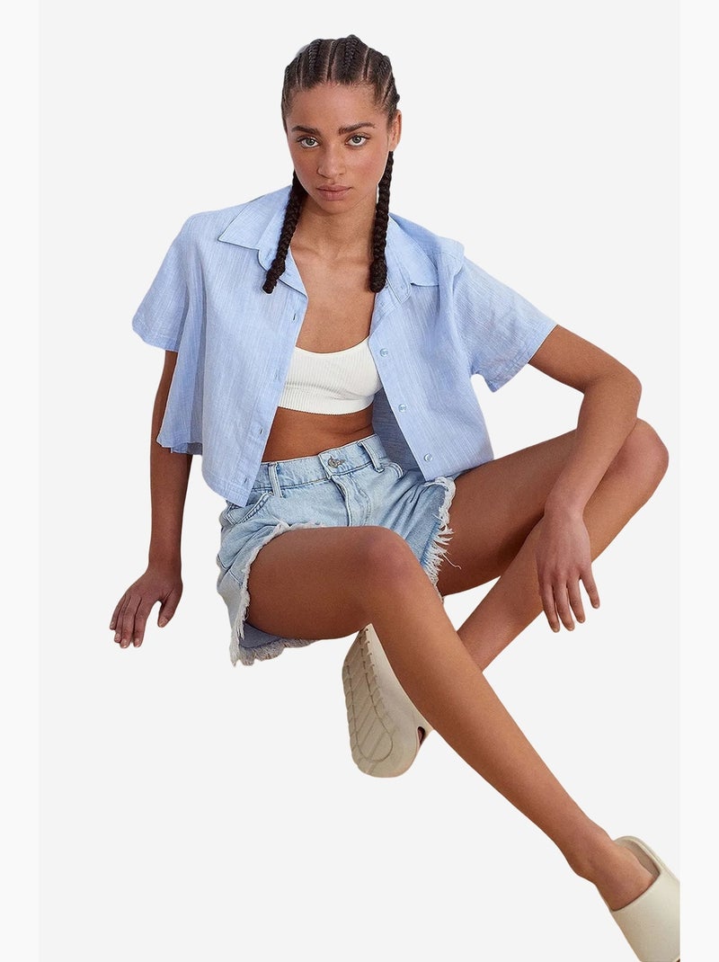 Camisa curta de mulher em mistura de linho dilvin Azul-céu - Kiabi