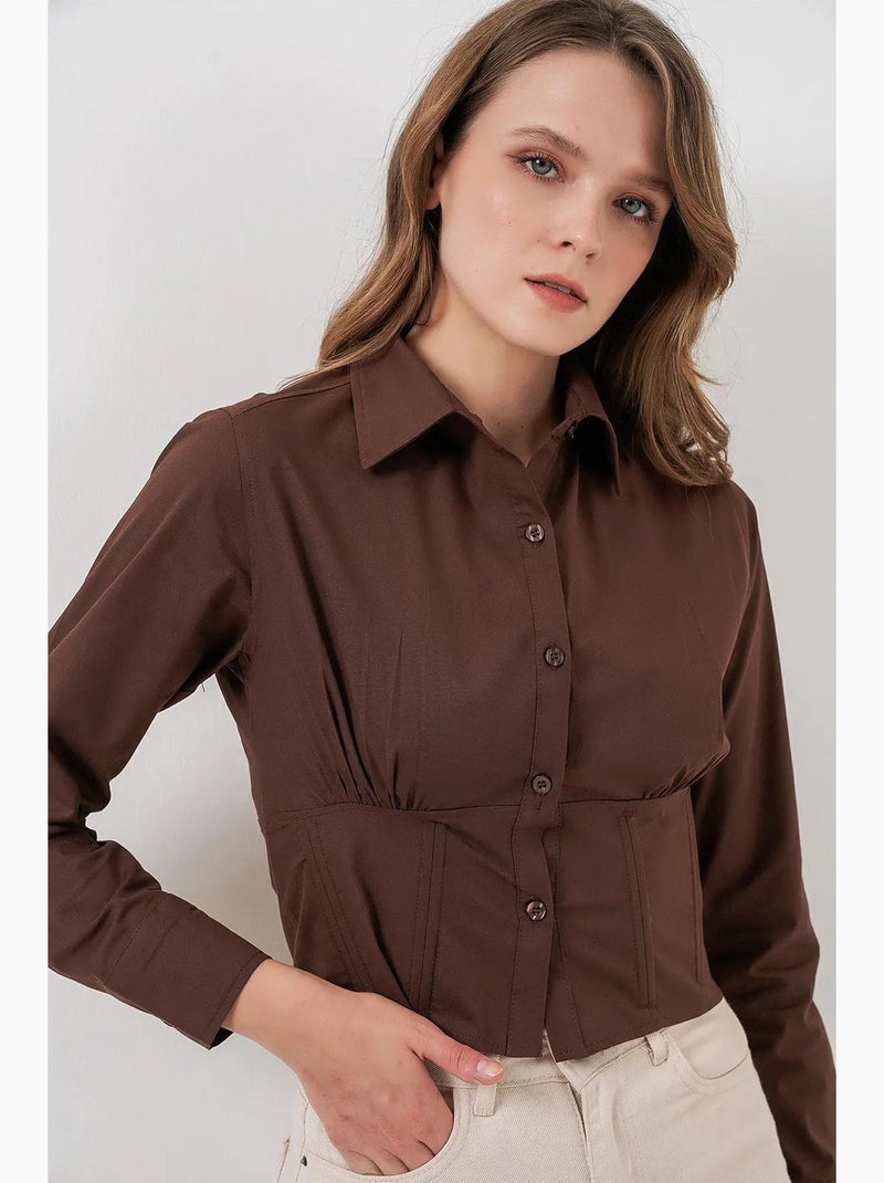 Camisa curta de popelina justa com botões bdart Castanho-chocolate - Kiabi