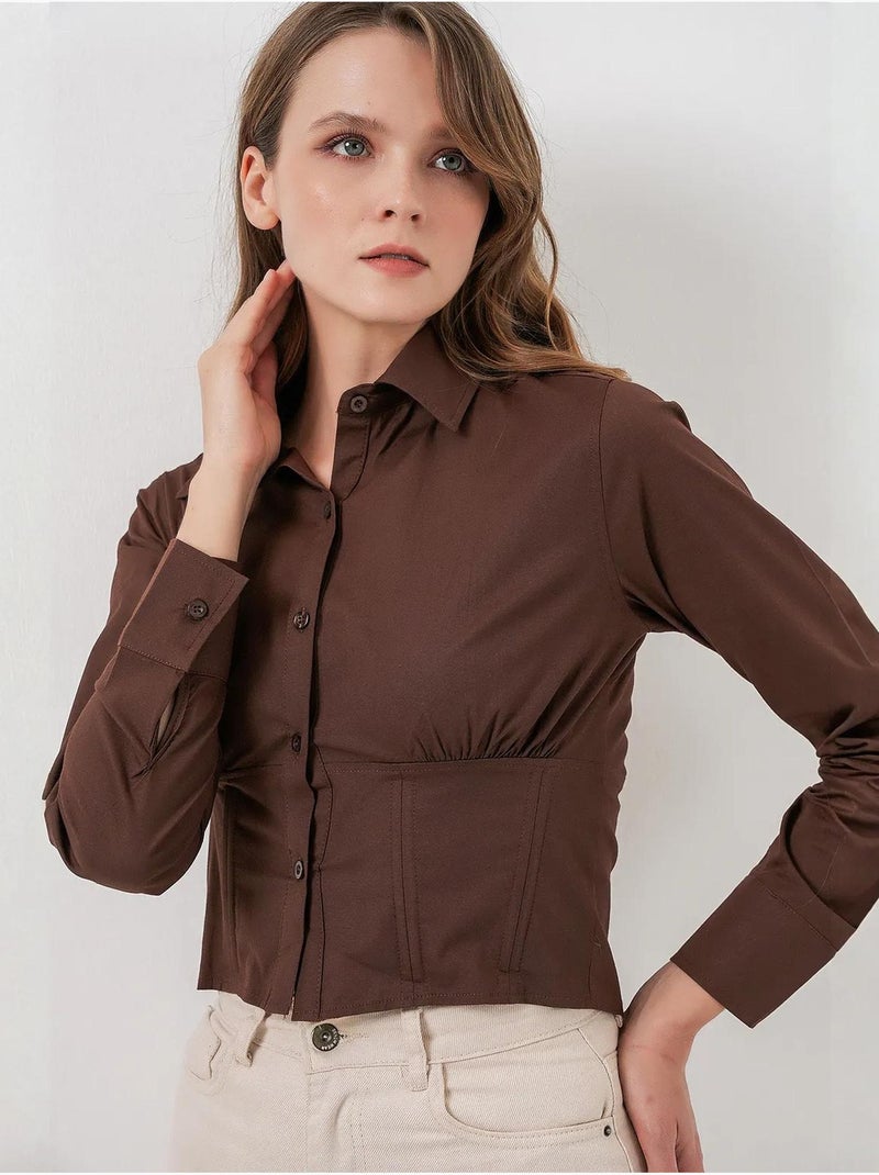 Camisa curta de popelina justa com botões bdart Castanho-chocolate - Kiabi