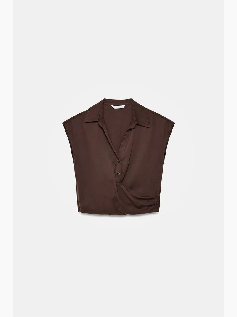 Camisa curta de popelina lyocell dilvin Castanho-chocolate - Kiabi