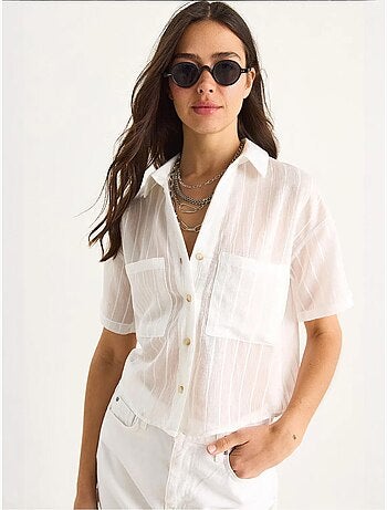 Camisa curta de viscose às riscas bianco com detalhe de bolso duplo lucci