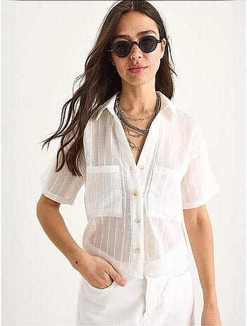 Camisa curta de viscose às riscas bianco com detalhe de bolso duplo lucci
