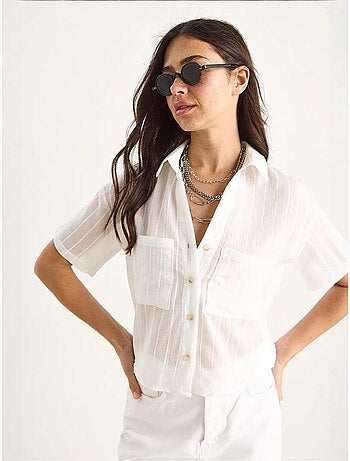 Camisa curta de viscose às riscas bianco com detalhe de bolso duplo lucci