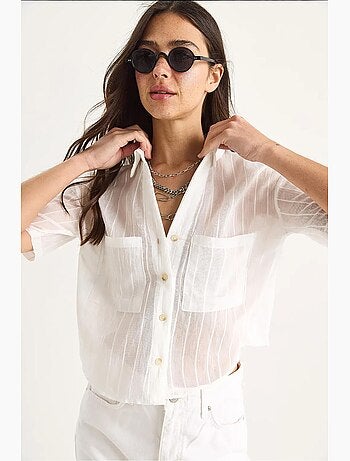 Camisa curta de viscose às riscas bianco com detalhe de bolso duplo lucci