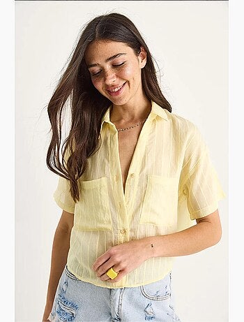 Camisa curta de viscose às riscas com detalhe de bolso duplo lucci