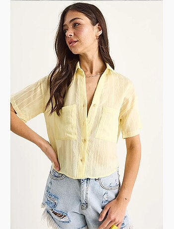 Camisa curta de viscose às riscas com detalhe de bolso duplo lucci
