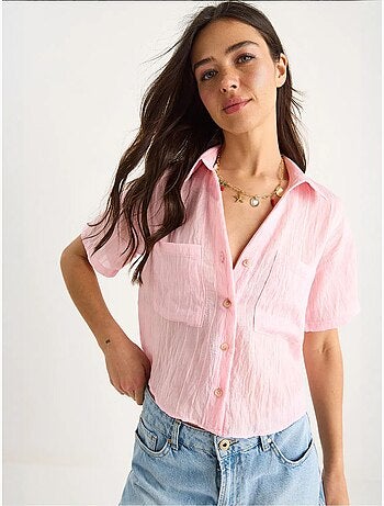 Camisa curta de viscose às riscas com detalhe de bolso duplo lucci