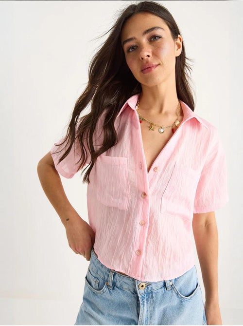 Camisa curta de viscose às riscas com detalhe de bolso duplo lucci - Kiabi Camisa curta de viscose às riscas com detalhe de bolso duplo lucci - Kiabi