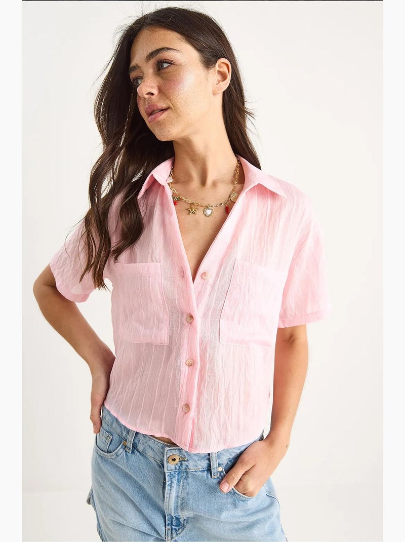 Camisa curta de viscose às riscas com detalhe de bolso duplo lucci Rosa-fluo/Solinotes - Kiabi