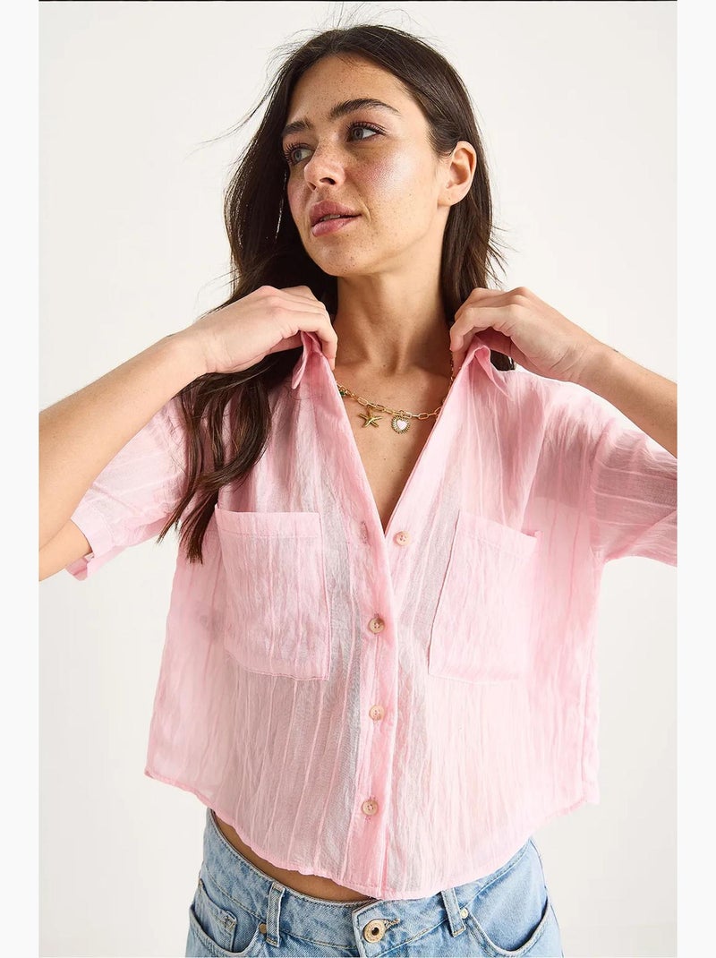 Camisa curta de viscose às riscas com detalhe de bolso duplo lucci Rosa-fluo/Solinotes - Kiabi