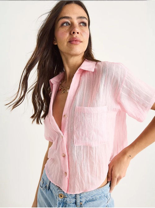 Camisa curta de viscose às riscas com detalhe de bolso duplo lucci - Kiabi Camisa curta de viscose às riscas com detalhe de bolso duplo lucci - Kiabi