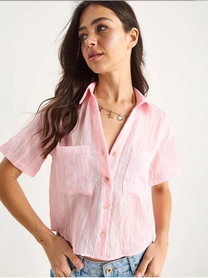 Camisa curta de viscose às riscas com detalhe de bolso duplo lucci Rosa-fluo/Solinotes - Kiabi