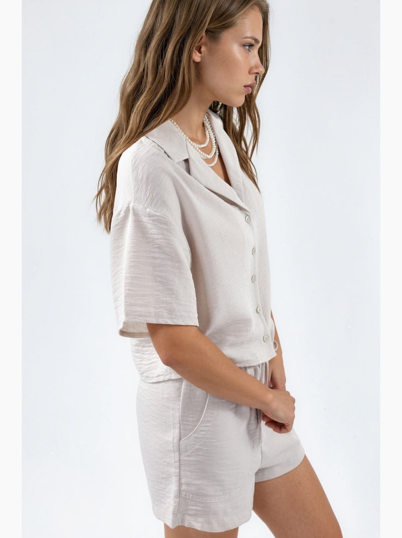 Camisa curta texturada com fecho de botões busem Bege-argila - Kiabi