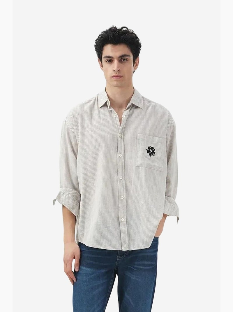 Camisa de algodão às riscas com trama de veludo giesto Branco sujo - Kiabi