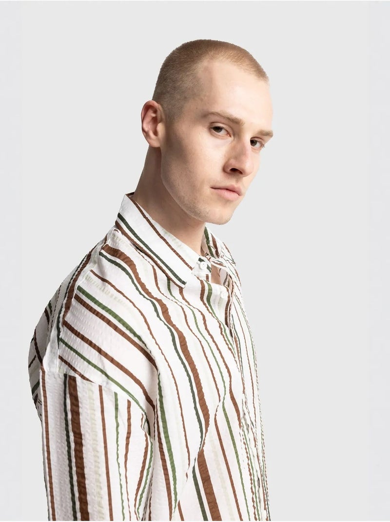 Camisa de algodão às riscas de corte descontraído giesto Cáqui - Kiabi