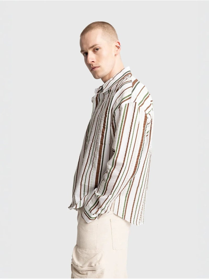 Camisa de algodão às riscas de corte descontraído giesto Cáqui - Kiabi