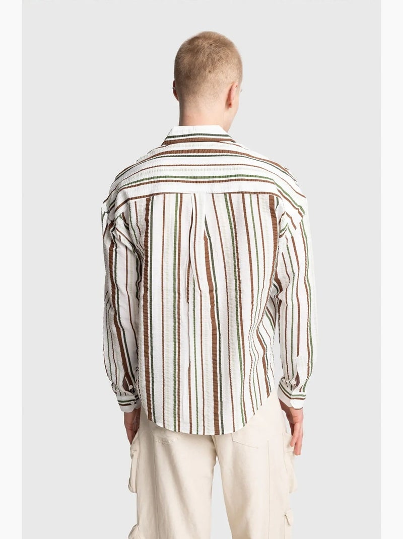 Camisa de algodão às riscas de corte descontraído giesto Cáqui - Kiabi