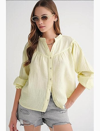 Camisa de algodão com colarinho mandarim e botões mixray