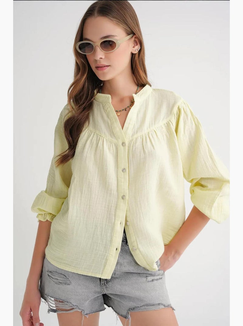 Camisa de algodão com colarinho mandarim e botões mixray Amarelo - Kiabi