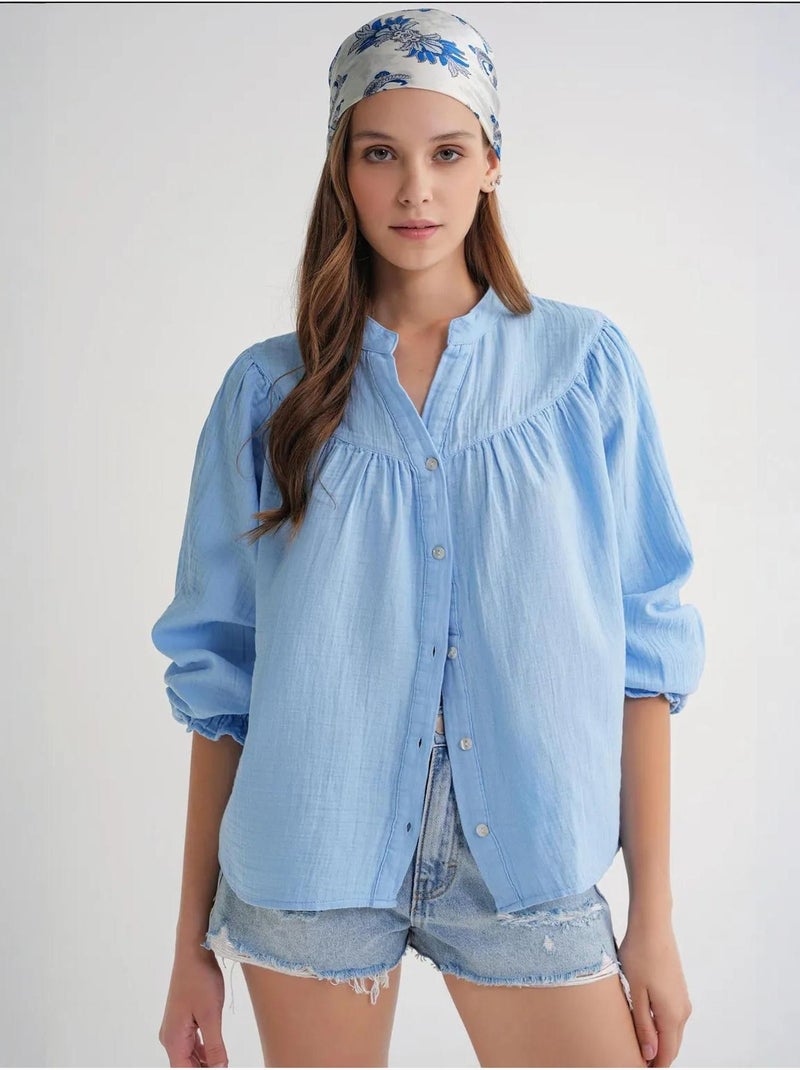 Camisa de algodão com colarinho mandarim e botões mixray Azul-céu - Kiabi