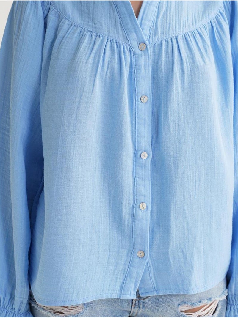 Camisa de algodão com colarinho mandarim e botões mixray Azul-céu - Kiabi