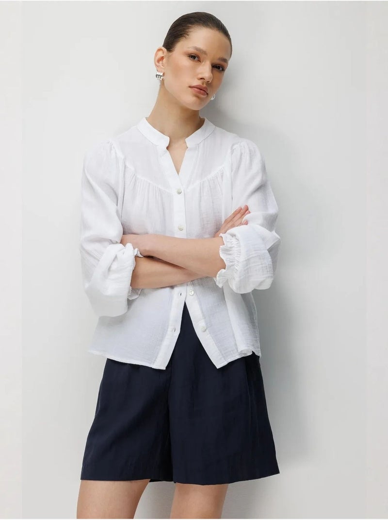 Camisa de algodão com colarinho mandarim e botões mixray Branco - Kiabi