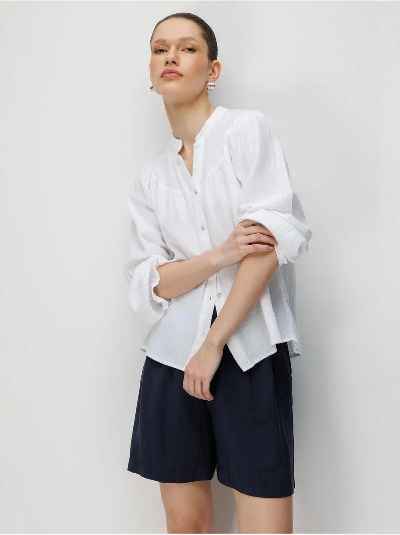 Camisa de algodão com colarinho mandarim e botões mixray Branco - Kiabi