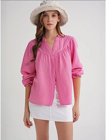 Camisa de algodão com colarinho mandarim e botões mixray