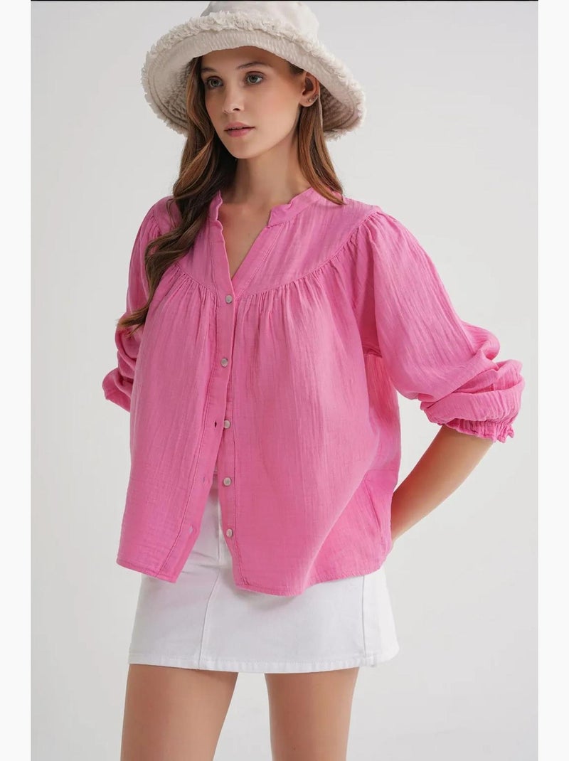 Camisa de algodão com colarinho mandarim e botões mixray Rosa-fluo/Solinotes - Kiabi